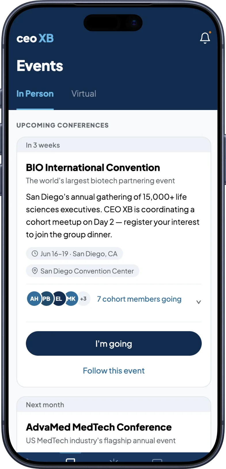 Up Next prototype listing upcoming conferences with the number of cohort members already going and an I’m going button